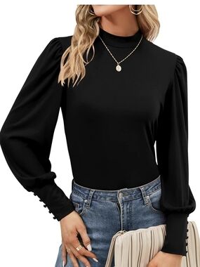 Women’s Black Mock Neck Puff Sleeve Blouse